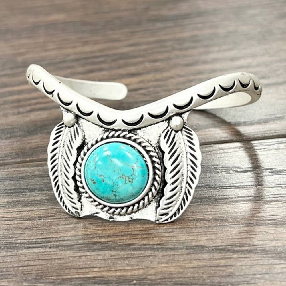 Turquoise Feather Cuff Bracelet Western Boho Rodeo Silver Tone